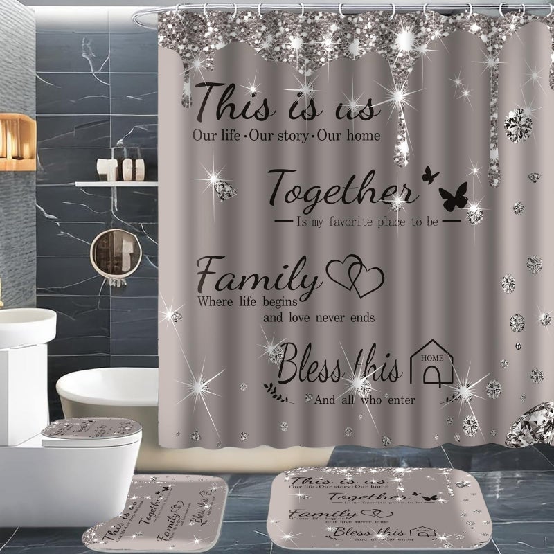 juwute 4Pcs Family Shower Curtain Sets with Non-Slip Rugs, Toilet Lid Cover and Bath Mat,Grey Glitter Diamond Home Bathroom Decor Set Accessories Waterproof Shower Curtains with 12 Hooks, 72 x 72 Inch - Image 1