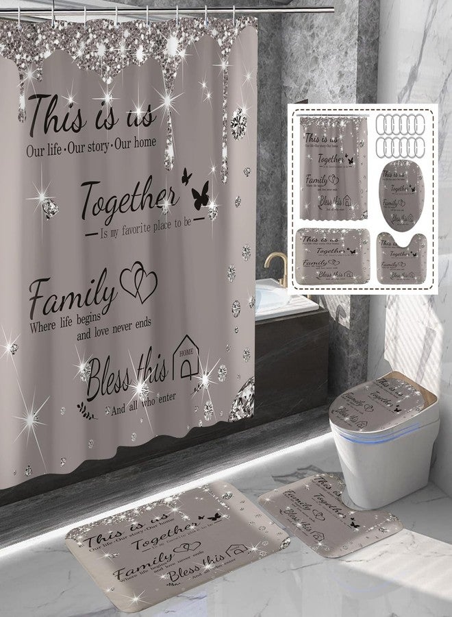 juwute 4Pcs Family Shower Curtain Sets with Non-Slip Rugs, Toilet Lid Cover and Bath Mat,Grey Glitter Diamond Home Bathroom Decor Set Accessories Waterproof Shower Curtains with 12 Hooks, 72 x 72 Inch - Image 2