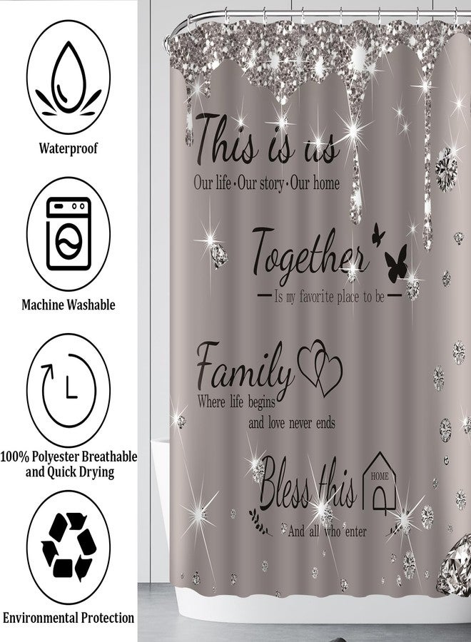 juwute 4Pcs Family Shower Curtain Sets with Non-Slip Rugs, Toilet Lid Cover and Bath Mat,Grey Glitter Diamond Home Bathroom Decor Set Accessories Waterproof Shower Curtains with 12 Hooks, 72 x 72 Inch - Image 5