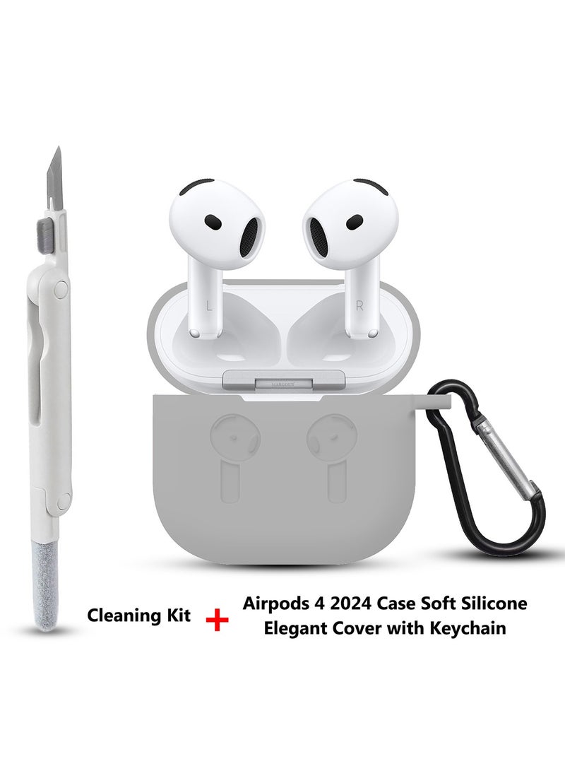 CATANES ( for Apple Airpods 4 2024 ) Case with Cleaner Kit Shockproof Protective Soft Silicone Case Cover with Carabiner Keychain - Grey Case White Cleaner  - Image 2