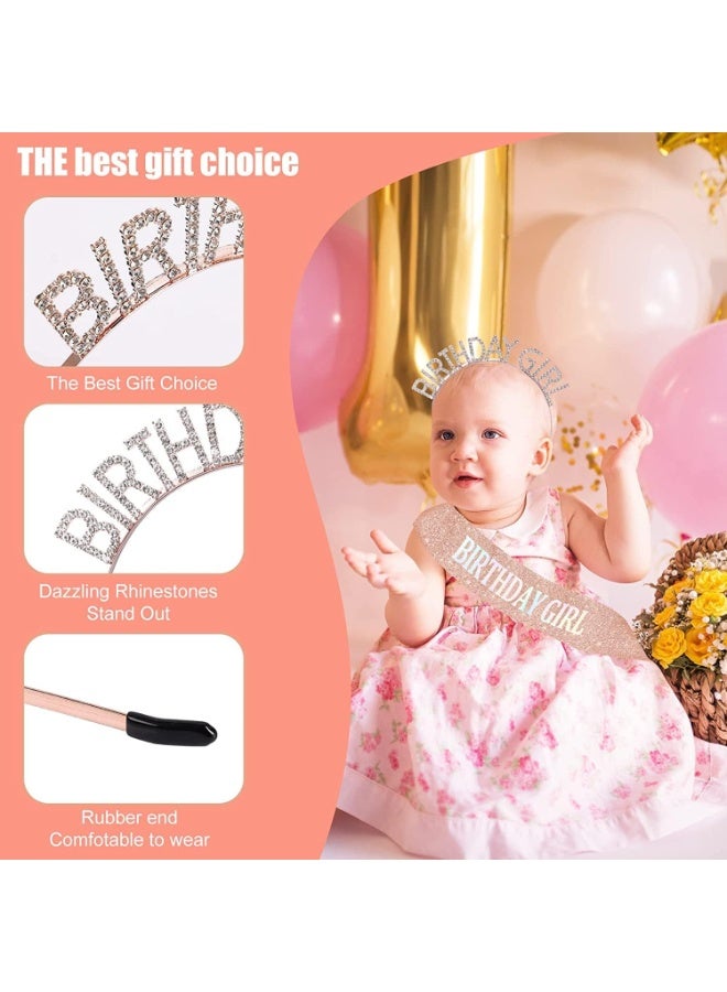 LEBOCADO 2Pieces Birthday Girls Set Including Rhinestone Crown Tiara And Adjustable Glitter Sash Rose Gold - Image 2