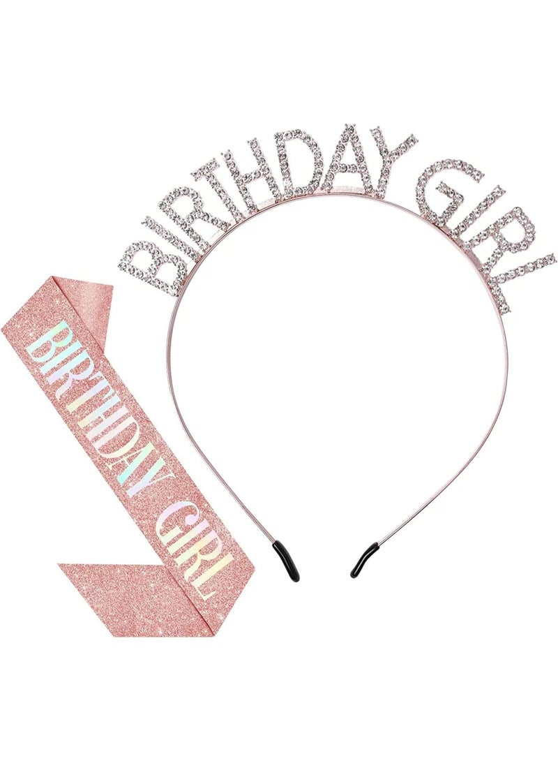 LEBOCADO 2Pieces Birthday Girls Set Including Rhinestone Crown Tiara And Adjustable Glitter Sash Rose Gold - Image 1
