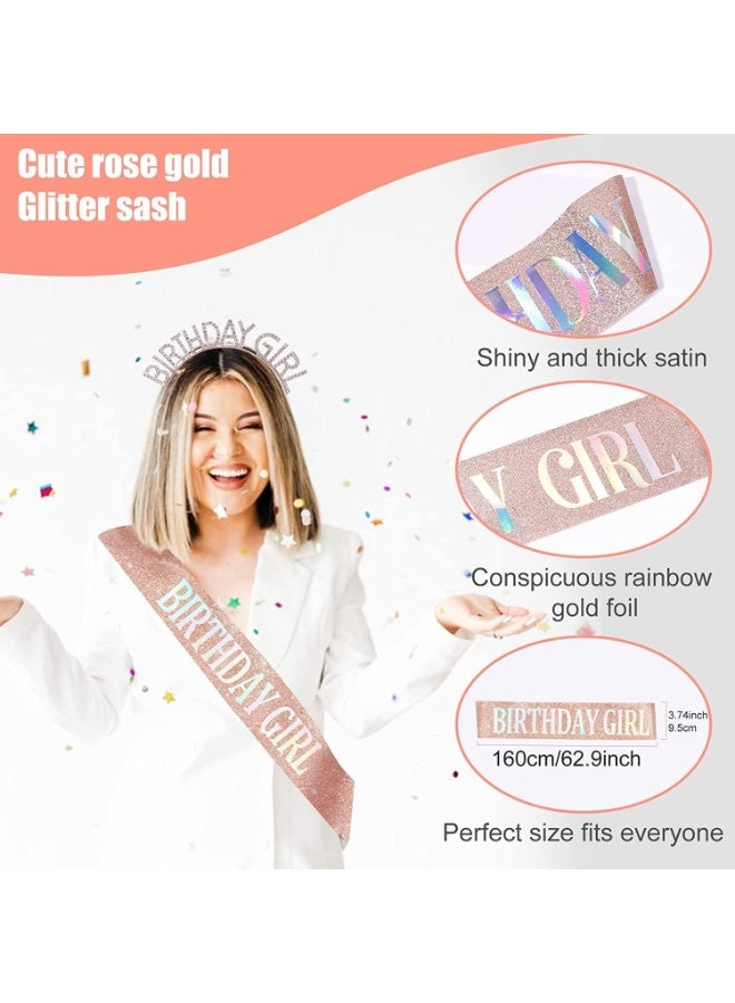 LEBOCADO 2Pieces Birthday Girls Set Including Rhinestone Crown Tiara And Adjustable Glitter Sash Rose Gold - Image 3