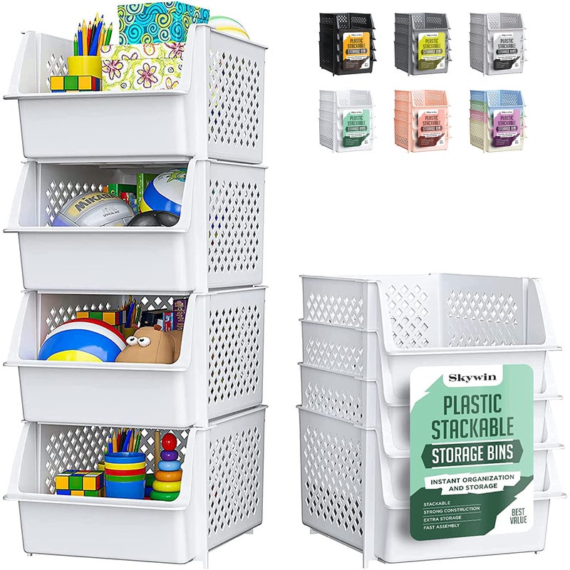 TidyFriend Stackable Storage Bins for Pantry 4 Pack Stackable Bins For Organizing Food Kitchen and Bathroom Essentials White