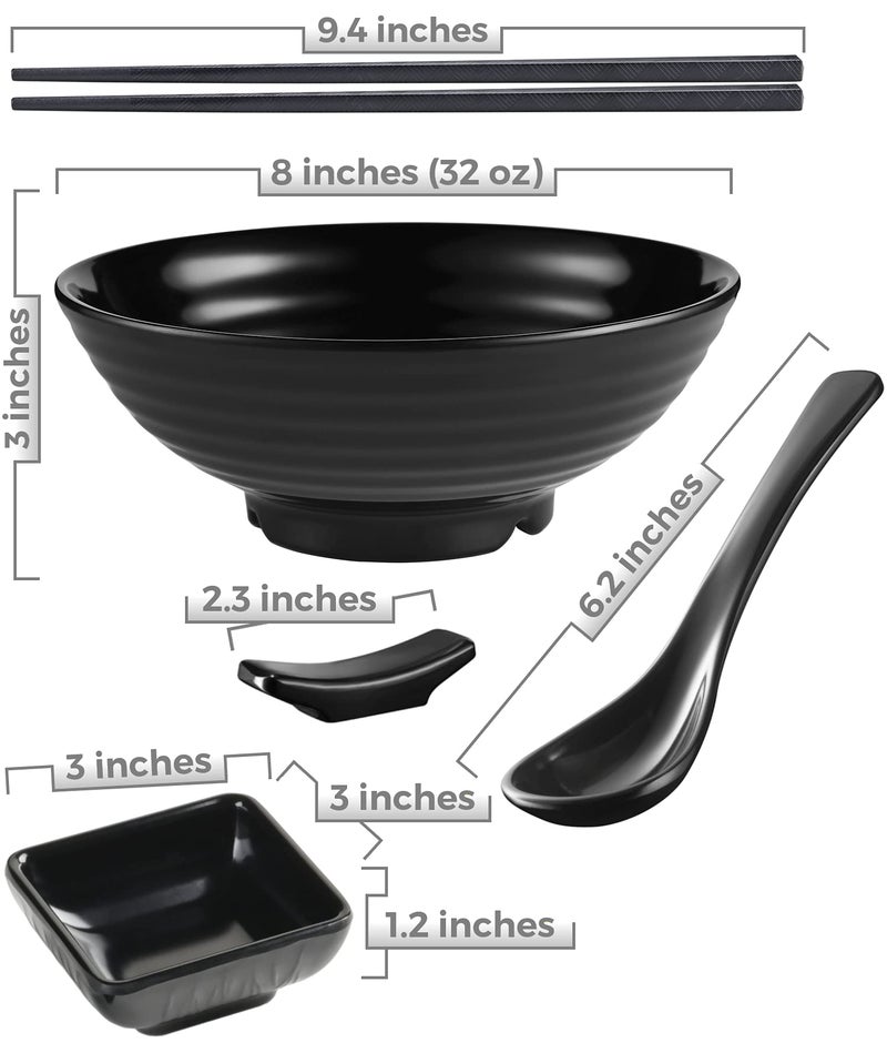 Practimondo Unbreakable Ramen Bowl Set with Chopsticks and Spoon: 2 large Japanese Style Melamine Ramen Bowls  Dipping Bowls and Chopstick Stands for Asian Pho Soup Thai Miso Udon Wonton (2 Bowl Set  Black)  - Image 3