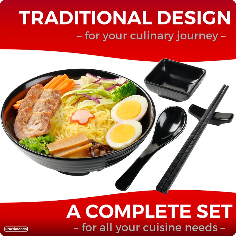 Practimondo Unbreakable Ramen Bowl Set with Chopsticks and Spoon: 2 large Japanese Style Melamine Ramen Bowls  Dipping Bowls and Chopstick Stands for Asian Pho Soup Thai Miso Udon Wonton (2 Bowl Set  Black)  - Image 5