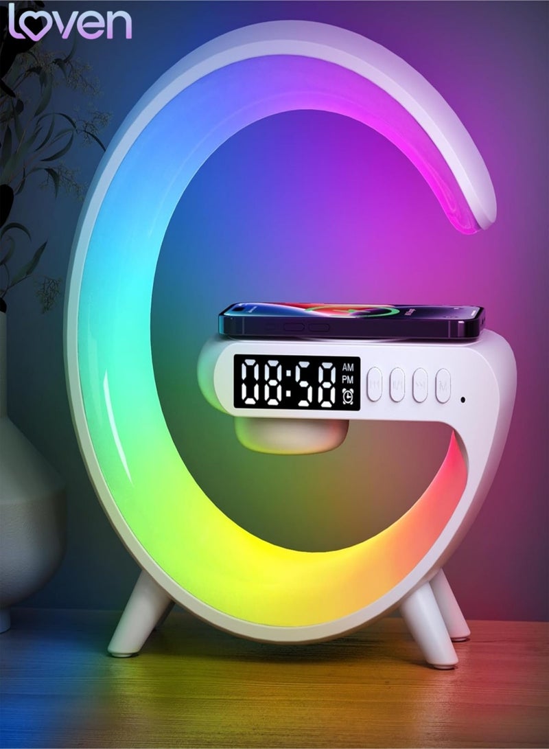 loven Wireless Speaker Charger Light,LED Bedside Lamp 4-in-1 Alarm Clock,Mood Night Light,Speaker & Wireless Charger,Smart Light Sound Machine,Atmosphere Table Lamp for Bedroom,Birthday Gifts - Image 1