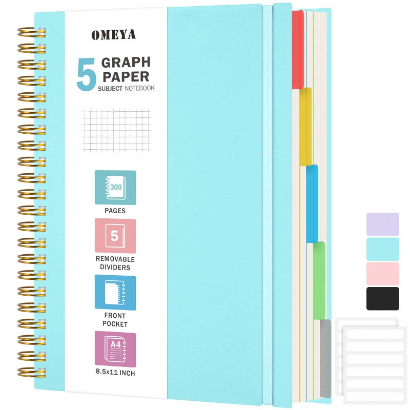 OMEYA Graph Paper Notebook: 5 Subject Graphing Notebook with Removable Dividers, 300 Pages 100gsm Thick Spiral Grid Notebooks, 5x5 Graph Ruled Paper, Large A4 Journal for School Work Women Men, 8.5" X 11" - Image 1