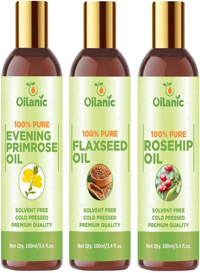 Oilanic?100% Pure & Natural Evening Primrose Oil, Flaxseed Oil & Rosehip Oil Combo pack of 3 bottles of 100 ml(300 ml) - Image 1