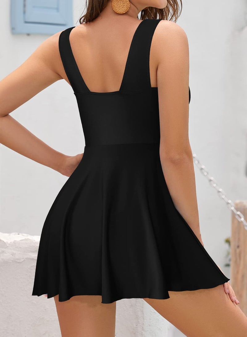 SHEKINI Women's Sexy Deep V Cutout One Piece Swimsuit Ruched Tummy Control Swimdress(Manhattan Black, XX-Large) - Image 3