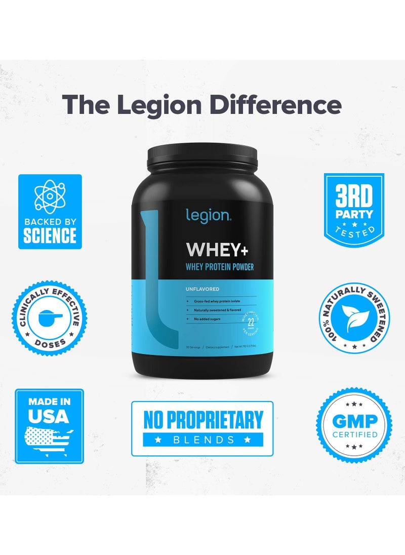 Legion Athletics - Whey+ Whey Protein Powder, Grass Fed Whey Protein Isolate, Naturally Sweetened and Flavored, No Added Sugars, 22 grams Per Serving, 792g/1.61 Lbs, 30 Servings - Unflavored - Image 1