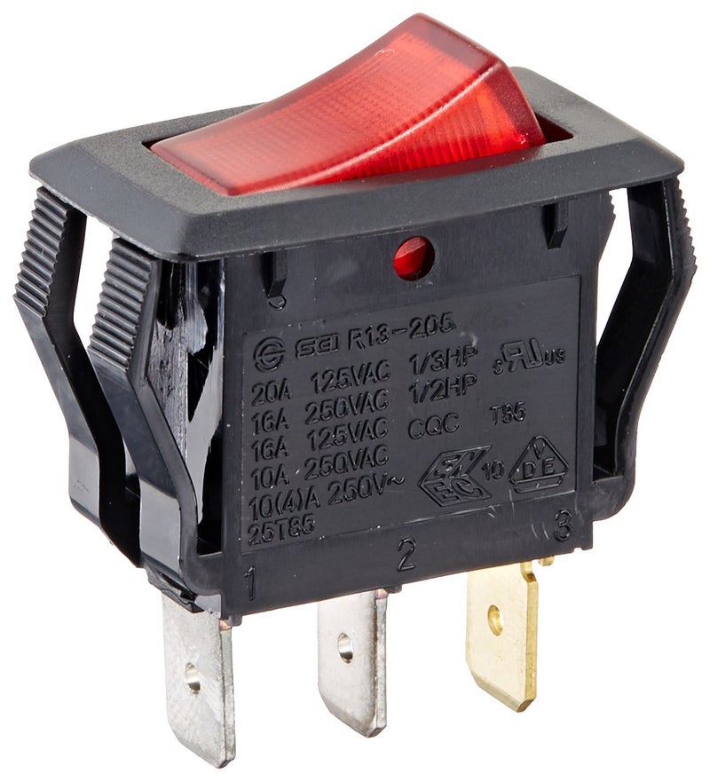 NSI Industries, LLC Rocker Switches, On Off Circut Function, SPST, 15/7.5 amps at 125/250 VAC, 0.625" Width, 1.250" Height, 0.828" Depth, Red - 77150RQ - Image 1