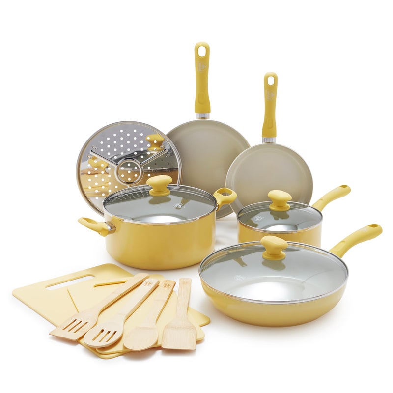 GreenLife Soft Grip Healthy Ceramic Nonstick 15 Piece Kitchen Cookware Pots and Frying Sauce Saute Pans Set PFASFree with Kitchen Utensils and Lid Dishwasher Safe Yellow