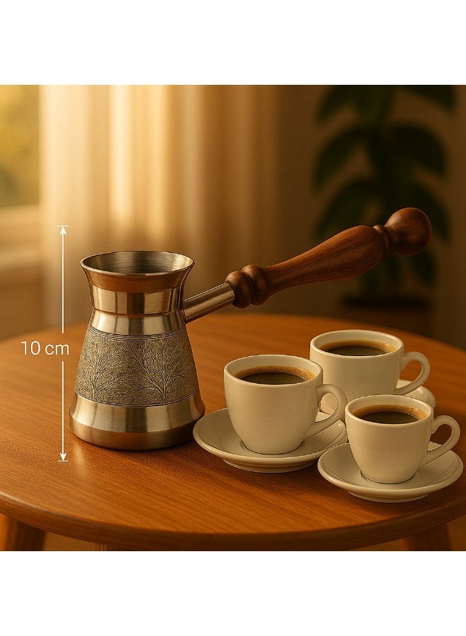 Dania ☕ Premium Turkish Coffee Pot 🇹🇷 – 300 ml Capacity, Single Cup 🥄 Hand-Engraved Design 🇮🇳 10 cm Size with Elegant Wooden Handle 🌿 - Image 1