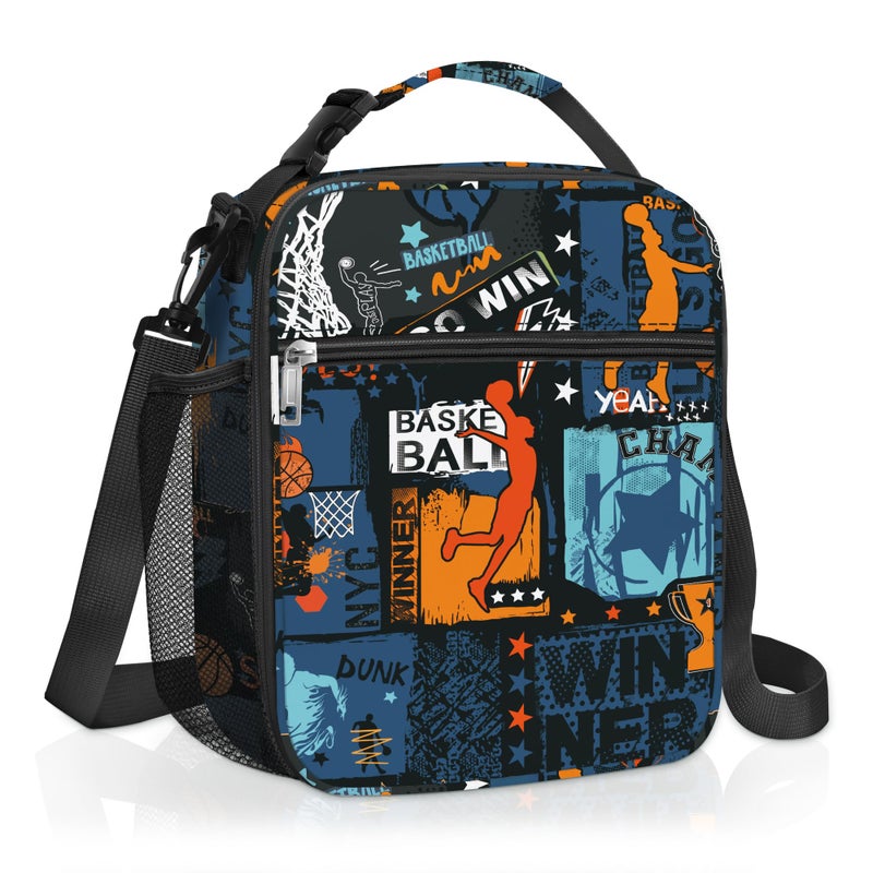 Clastyle Black Street Basketball Insulated Lunch Bag for Kids Portable Large Thermal Cooler Lunch Bag for Boys School Lunch Box Bag with Bottle Holder