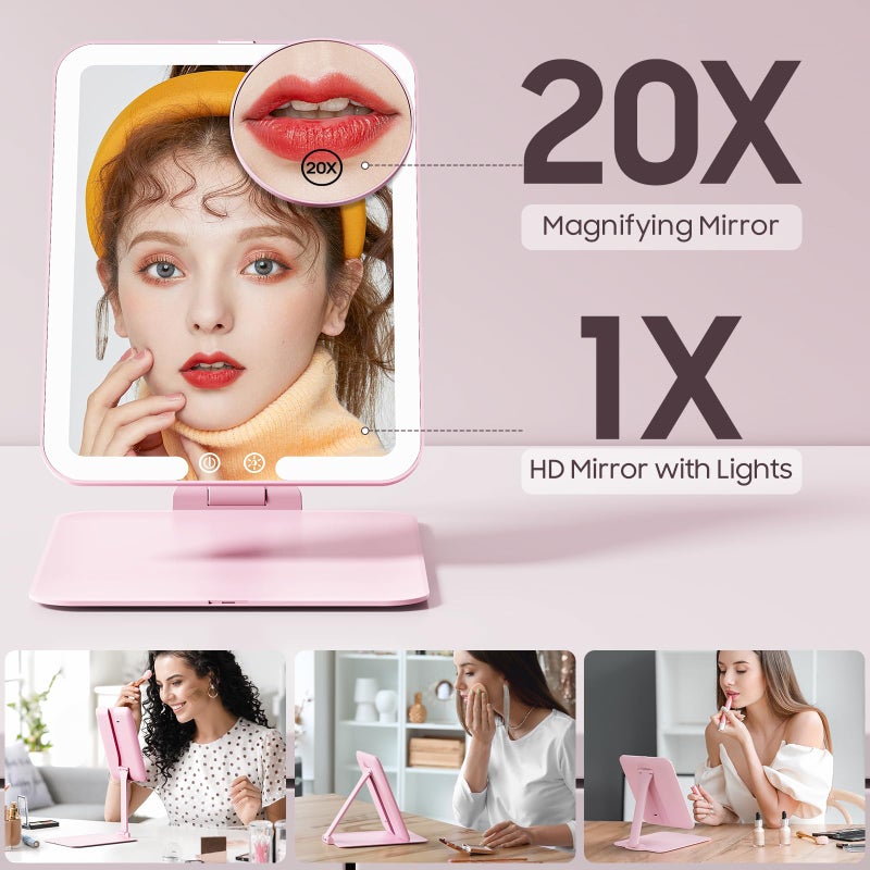 Benbilry Foldable Travel Makeup Mirror With Lights And 20X Magnification  Rechargeable Tabletop Led Vanity Mirror With Adjustable Stand  3-Colored Dimmable Lighting  Portable Cosmetic Mirror  Pink - Image 4