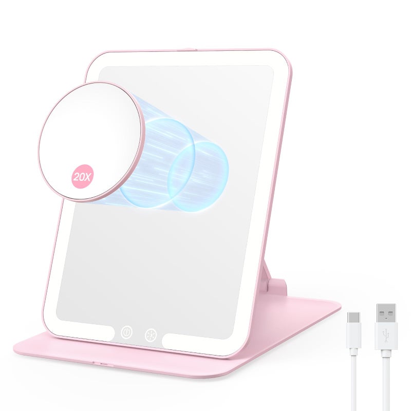 Benbilry Foldable Travel Makeup Mirror With Lights And 20X Magnification  Rechargeable Tabletop Led Vanity Mirror With Adjustable Stand  3-Colored Dimmable Lighting  Portable Cosmetic Mirror  Pink - Image 1