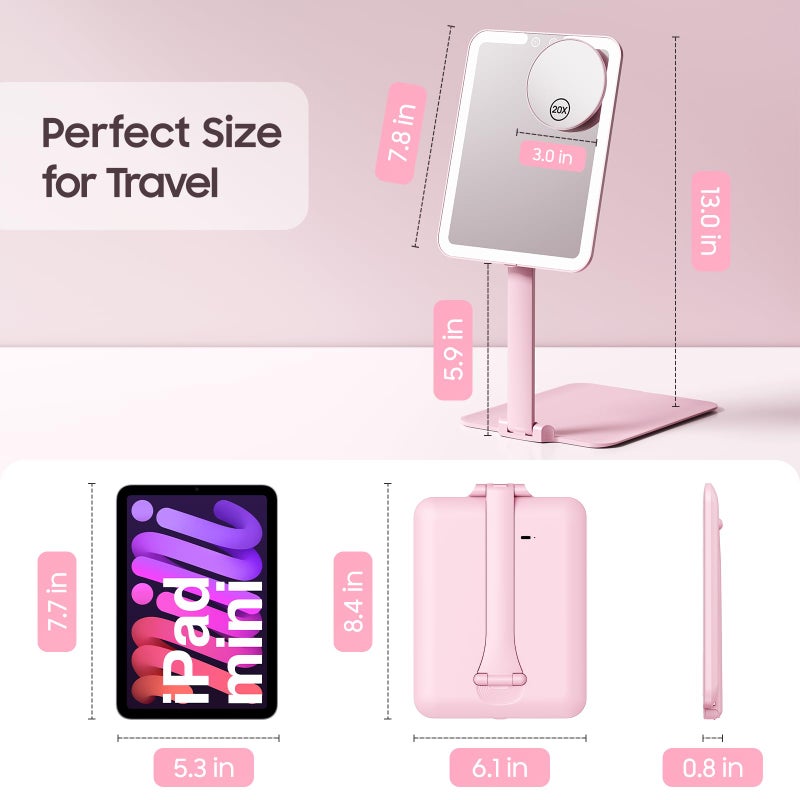 Benbilry Foldable Travel Makeup Mirror With Lights And 20X Magnification  Rechargeable Tabletop Led Vanity Mirror With Adjustable Stand  3-Colored Dimmable Lighting  Portable Cosmetic Mirror  Pink - Image 2