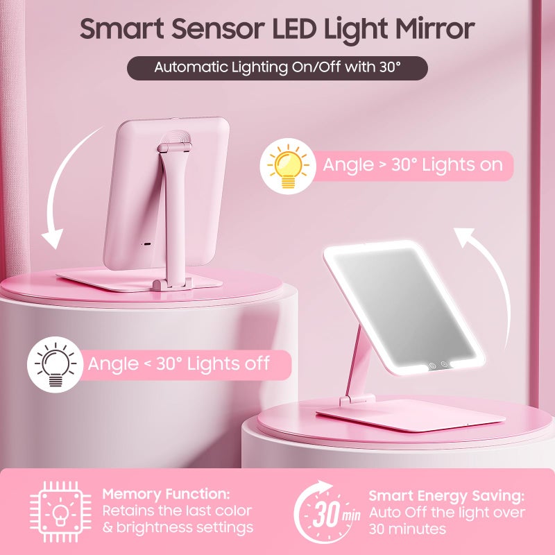 Benbilry Foldable Travel Makeup Mirror With Lights And 20X Magnification  Rechargeable Tabletop Led Vanity Mirror With Adjustable Stand  3-Colored Dimmable Lighting  Portable Cosmetic Mirror  Pink - Image 3