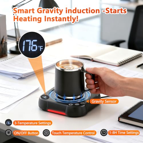 MENGBEI Coffee Mug Warmer & Cup Set - Desk Coffee Cup Warmer for Office/Home with 8-Temp Fast Heating (176℉ Max), Auto Shut Off, Gravity-Induction, 1-12H Timer - ​Ideal Gift for Coffee Lovers - Image 3