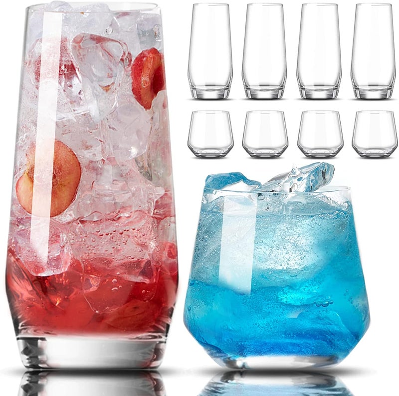 Mfacoy Drinking Glasses Set of 8-4 Tall Glass Cups 18 oz & 4 Short Stemless Wine Glasses 13 oz, Highball Glasses, Glassware Sets for Cocktail, Beer, Wine, Whiskey, Water & Juice Drinkware - Image 1