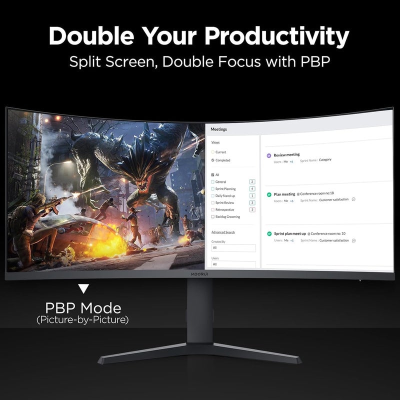 KOORUI 34 Inch Ultrawide Curved Gaming Monitor, WQHD 3440x1440, 180Hz, R1000 Curved VA Panel, 1ms MPRT, Adaptive Sync, HDR400, 99% sRGB, PIP/PBP, Height Adjustable Stand, DP 1.4, HDMI 2.0 - Image 4