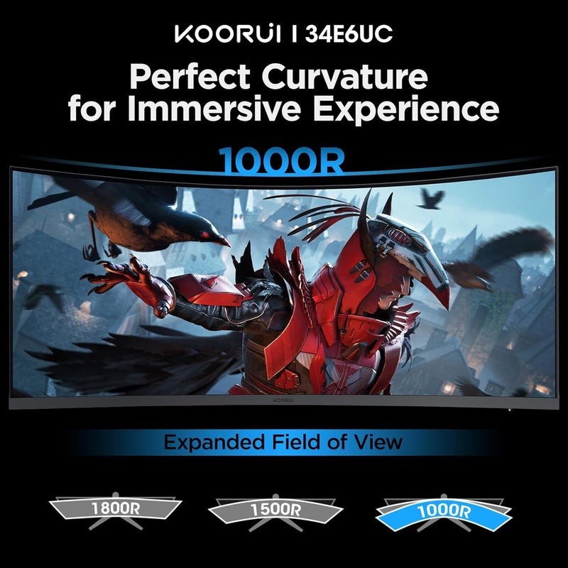 KOORUI 34 Inch Ultrawide Curved Gaming Monitor, WQHD 3440x1440, 180Hz, R1000 Curved VA Panel, 1ms MPRT, Adaptive Sync, HDR400, 99% sRGB, PIP/PBP, Height Adjustable Stand, DP 1.4, HDMI 2.0 - Image 2