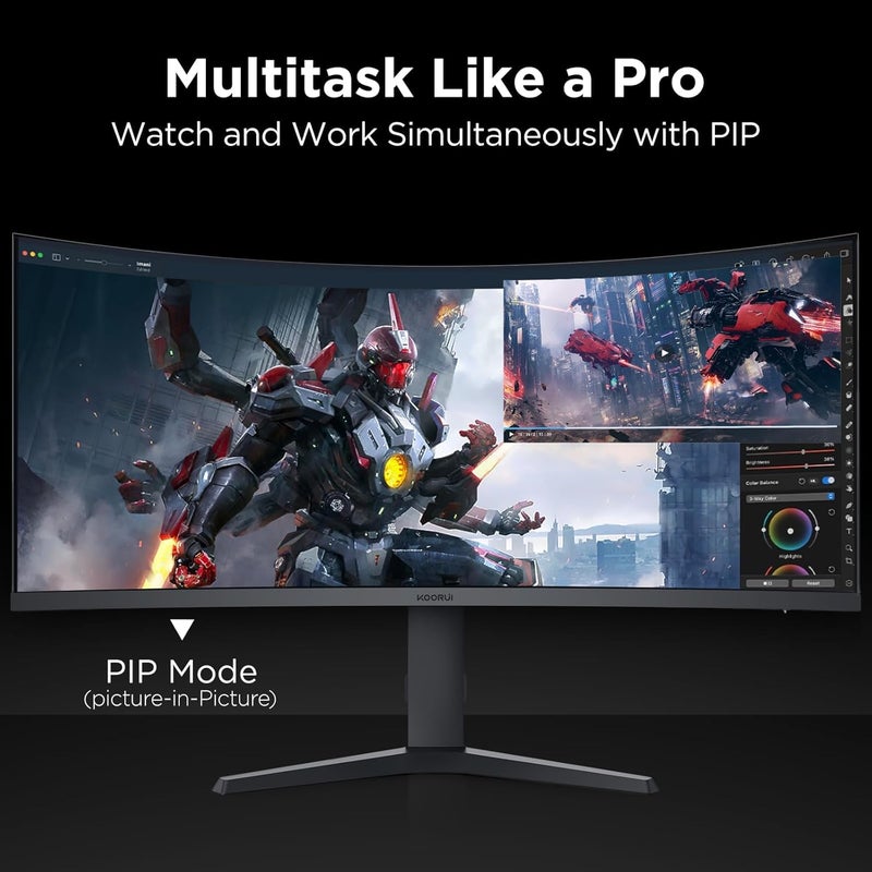 KOORUI 34 Inch Ultrawide Curved Gaming Monitor, WQHD 3440x1440, 180Hz, R1000 Curved VA Panel, 1ms MPRT, Adaptive Sync, HDR400, 99% sRGB, PIP/PBP, Height Adjustable Stand, DP 1.4, HDMI 2.0 - Image 5
