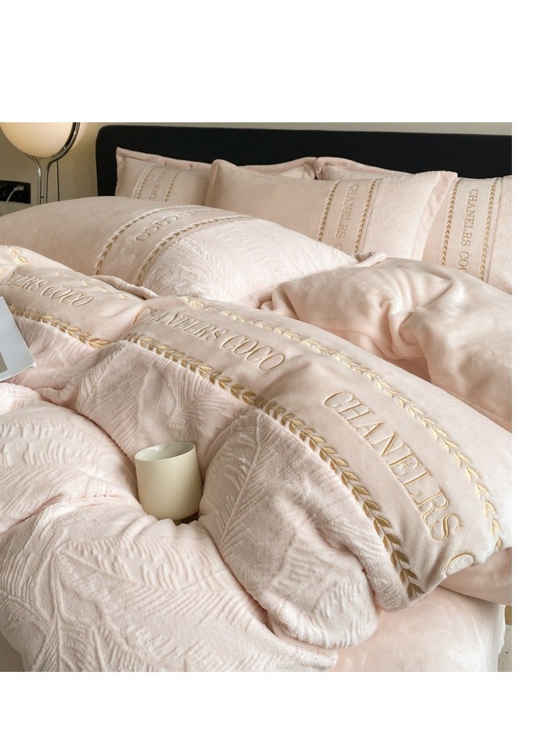 Fitted Sheet Style — ﻿ Carved Velvet Cloth Embroidered Wide Edge Milk Velvet Four Piece Bedding Set - Image 2