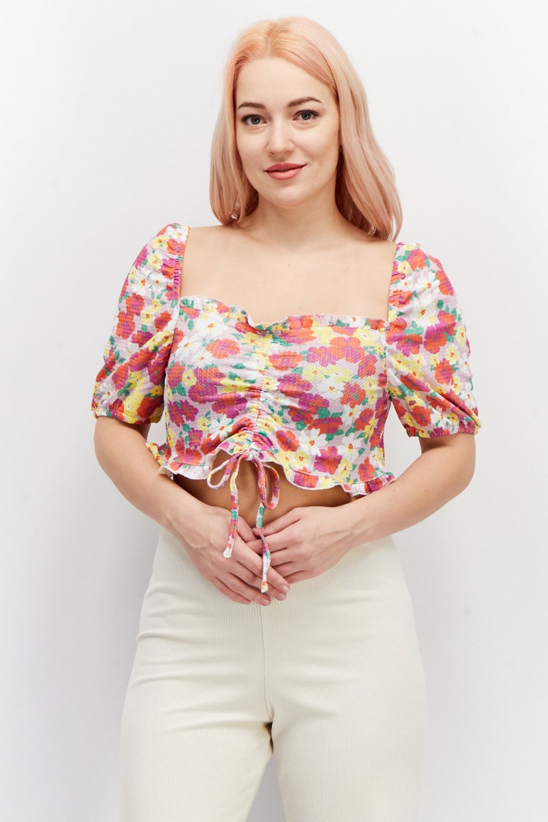ASOS بلوزة قصيرة بأكمام منتفخة وفتحة عنق مربعة للنساء، طباعة شاملة، مجموعة حمراء - Image 1