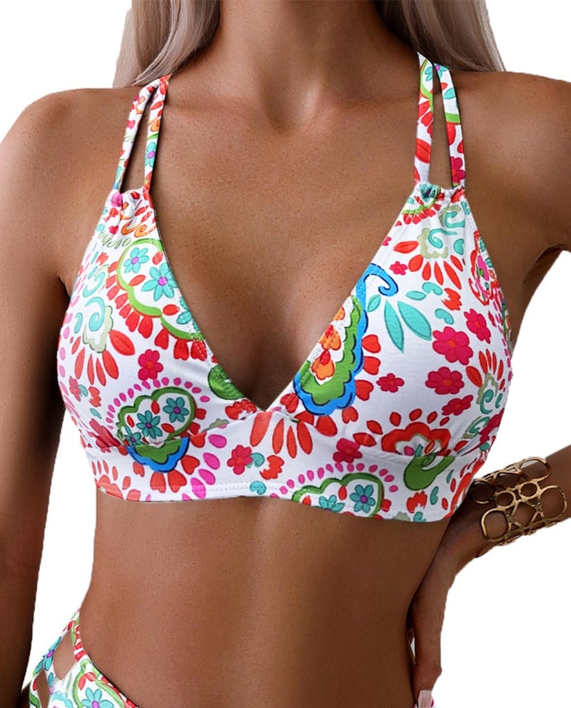Tainehs Women's Push Up V Neck Bikini Tops Criss Cross Back Padded Bathing Suit Top Only - Image 1