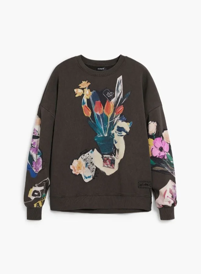 Desigual Brown Sweatshirt collage drawing for Women | Best Price UAE