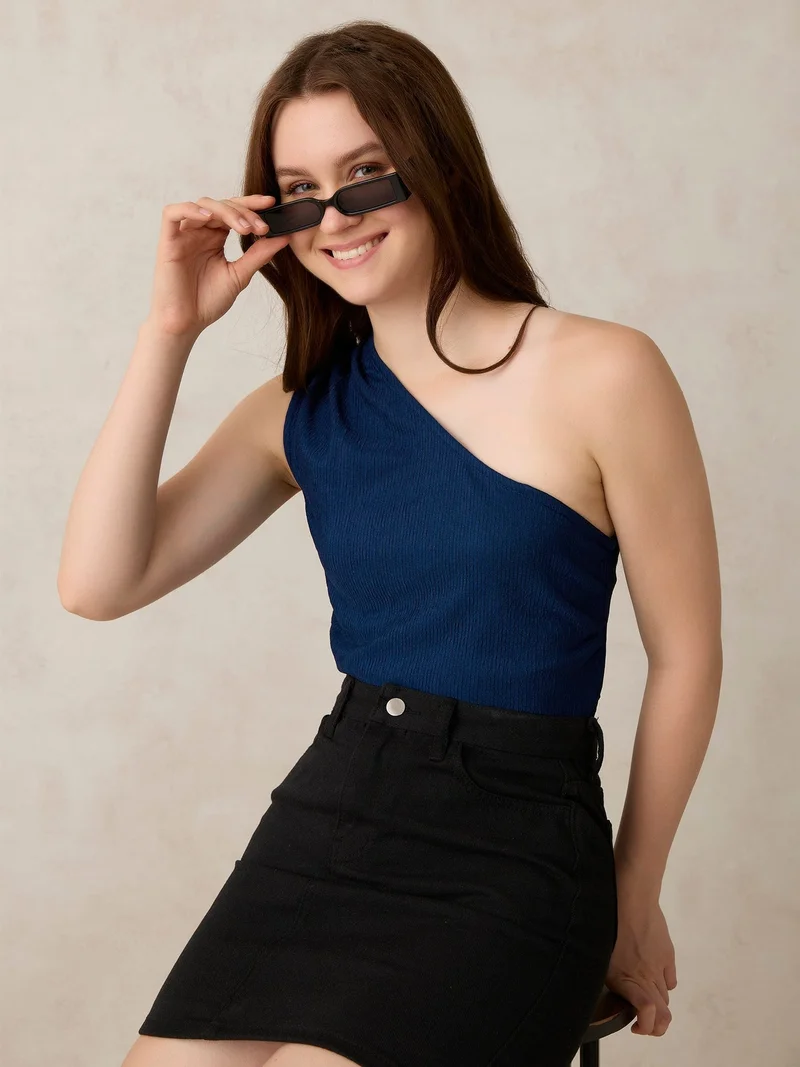 Outzidr  Teal One Shoulder Side Ruched Top for Women | Best Price UAE