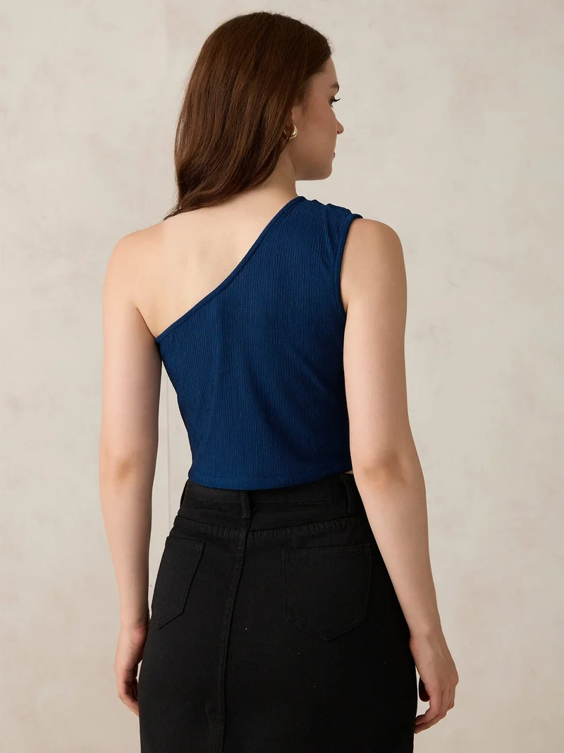 Outzidr  Teal One Shoulder Side Ruched Top for Women | Best Price UAE