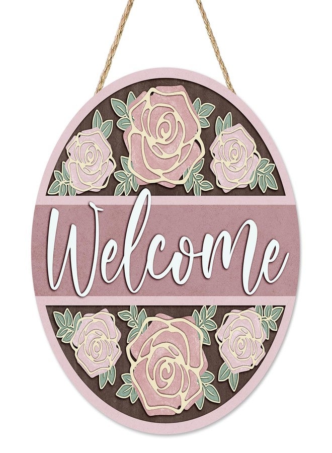 Bolisom Welcome Pink Rose Flower Front Door Sign, Floral Wood Hanger Outdoor Outside Porch Home Decor, Spring Summer Wooden Wreath Indoor Wall Hanging Decoration - Image 1