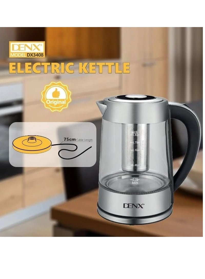 دينكس غلاية كهربائية زجاجية سعة 1.8 لتر، سخان مياه سريع الغليان بقوة 1500 واط، تحكم في درجة الحرارة، إيقاف تلقائي، إضاءة LED، فلتر من الفولاذ المقاوم للصدأ، غلاية شاي، ماكينة صنع قهوة، سخان زجاجات أطفال - Image 3