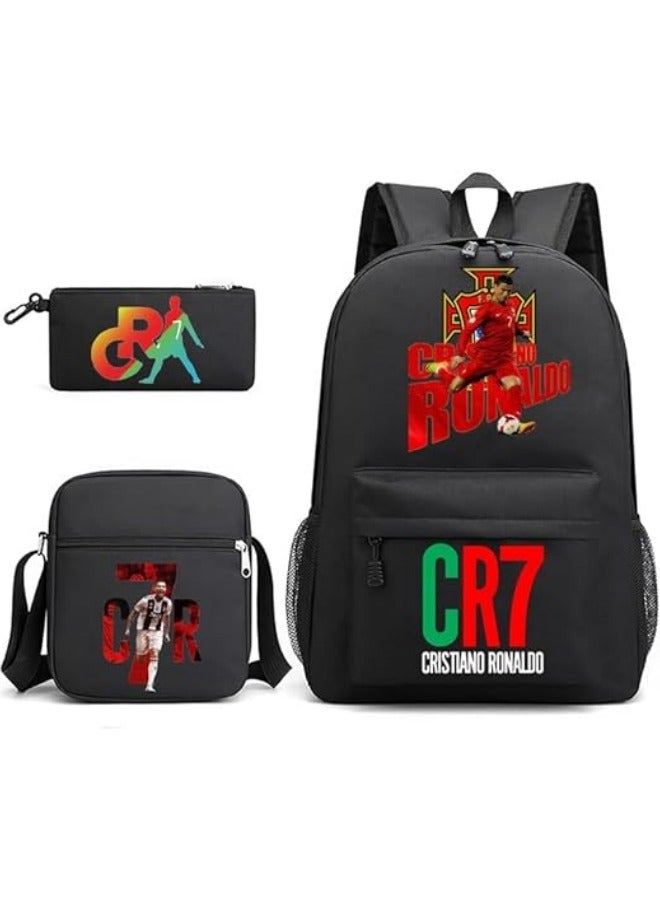 3PCS Backpack Set,CR7 Football Backpack,Large Capacity Casual Backpack with Lunch Bag and Pencil case for Boys Girls