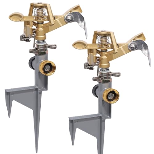 Biswing 2 Pack Impact Sprinkler Head on Metal Step Spike, Heavy Duty Zinc Alloy Lawn Sprinkler, Adjustable Coverage Nozzle on Sturdy Spike Base, 360 Degree Large Area Irrigation - Image 1
