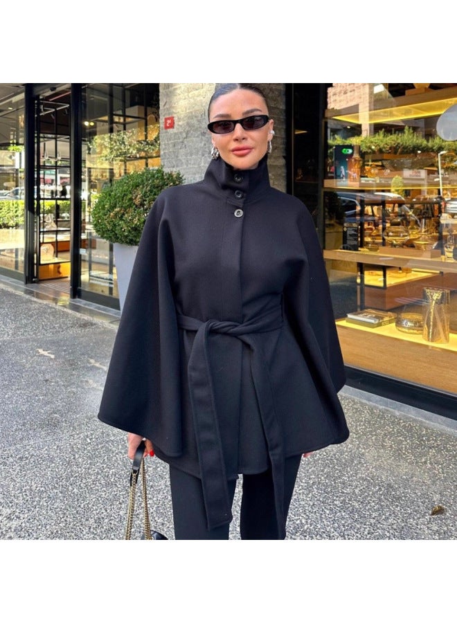 European And American Clothing Autumn And Winter New Elegant Elegant Stand-up Collar Pure Color Long-sleeved Windbreaker Jacket Women's Mid-length Waist