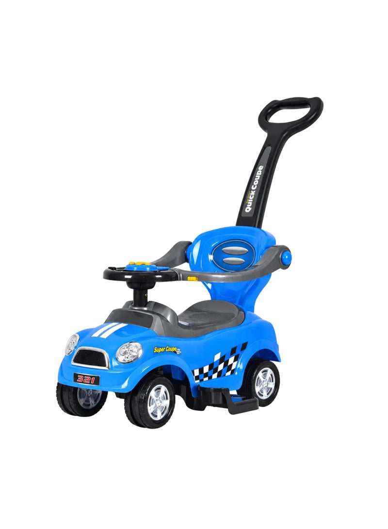 3-in-1 Kids Ride-On Push Car Stroller with Parent Handle, Musical Horn, Safety Guardrail, and Under-Seat Storage, Blue - Image 1