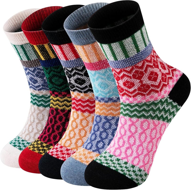 Luckam 5 Pairs Wool Socks for Women Thick Knit Vintage Cute Floral Crew Socks - Image 1