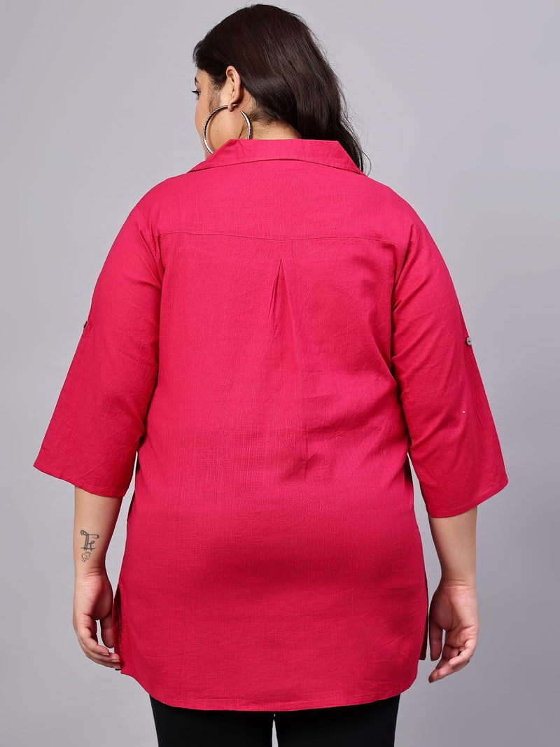 Indietoga Women Cotton Regular Fit Plus Size Casual Cotton Longline Shirt Tops(P10001508_Pink Solid_2XL) - Image 4