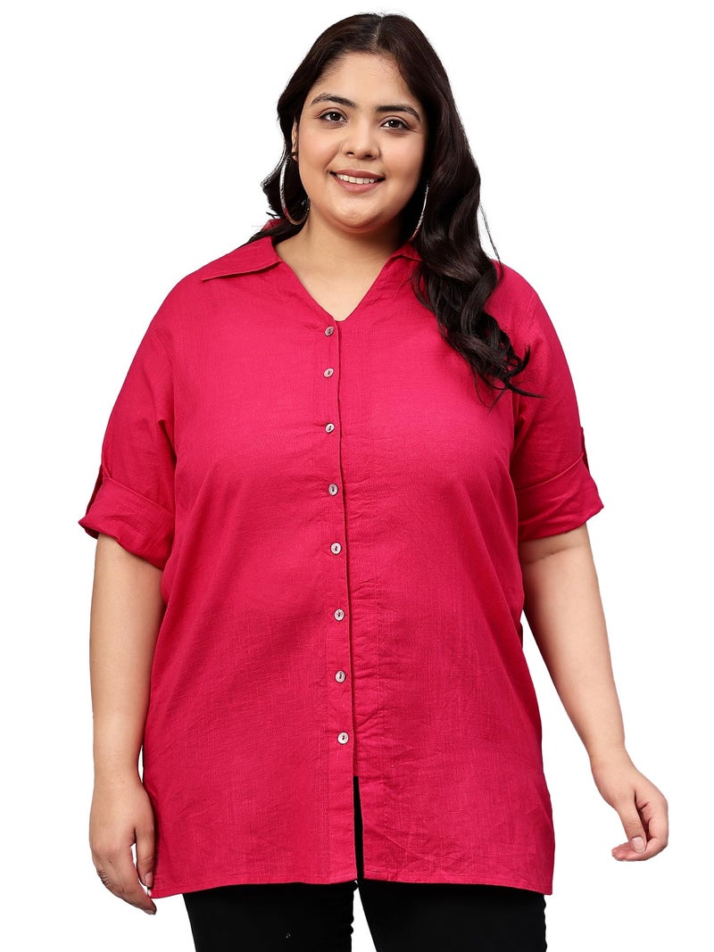 Indietoga Women Cotton Regular Fit Plus Size Casual Cotton Longline Shirt Tops(P10001508_Pink Solid_2XL) - Image 1