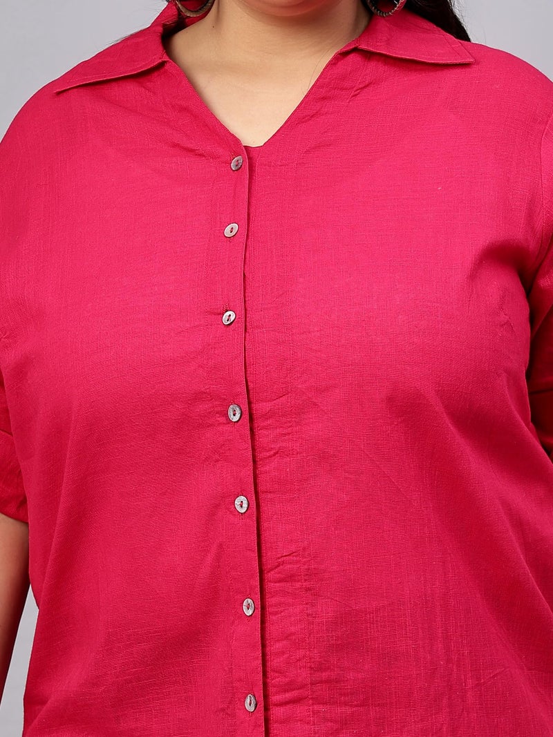 Indietoga Women Cotton Regular Fit Plus Size Casual Cotton Longline Shirt Tops(P10001508_Pink Solid_2XL) - Image 3