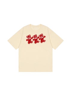 Summer 2023 Womens round Neck Short Sleeve T-shirt Pure Cotton Printed Casual Base Shirt Comfortable Loose Fit Anime Cartoon Design Apricot# Three Little Bears
