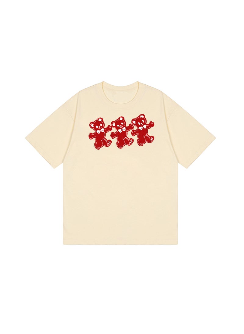 Generic - Summer 2023 Womens round Neck Short Sleeve T-shirt Pure Cotton Printed Casual Base Shirt Comfortable Loose Fit Anime Cartoon Design Apricot# Three Little Bears - Image 1
