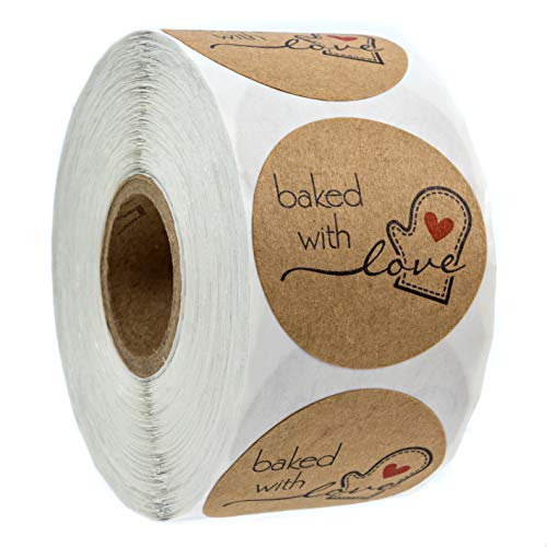 SBlabels 1.5" Round Natural Brown Kraft Baked with Love Stickers / 500 Labels Roll/Homemade with Love Craft Stickers/Made in The USA - Image 1