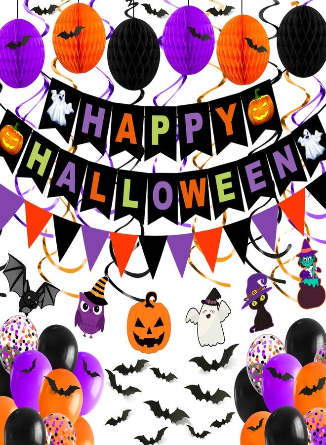 REDWORD Halloween Party Decorations, 70PCs Halloween Decorations Indoor Set Including HAPPY HALLOWEEN Banner Bat Stickers Hanging Garland Swirl Streamers Purple Orange Black Balloons for Classroom Home Decor - Image 1