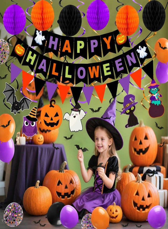 REDWORD Halloween Party Decorations, 70PCs Halloween Decorations Indoor Set Including HAPPY HALLOWEEN Banner Bat Stickers Hanging Garland Swirl Streamers Purple Orange Black Balloons for Classroom Home Decor - Image 4