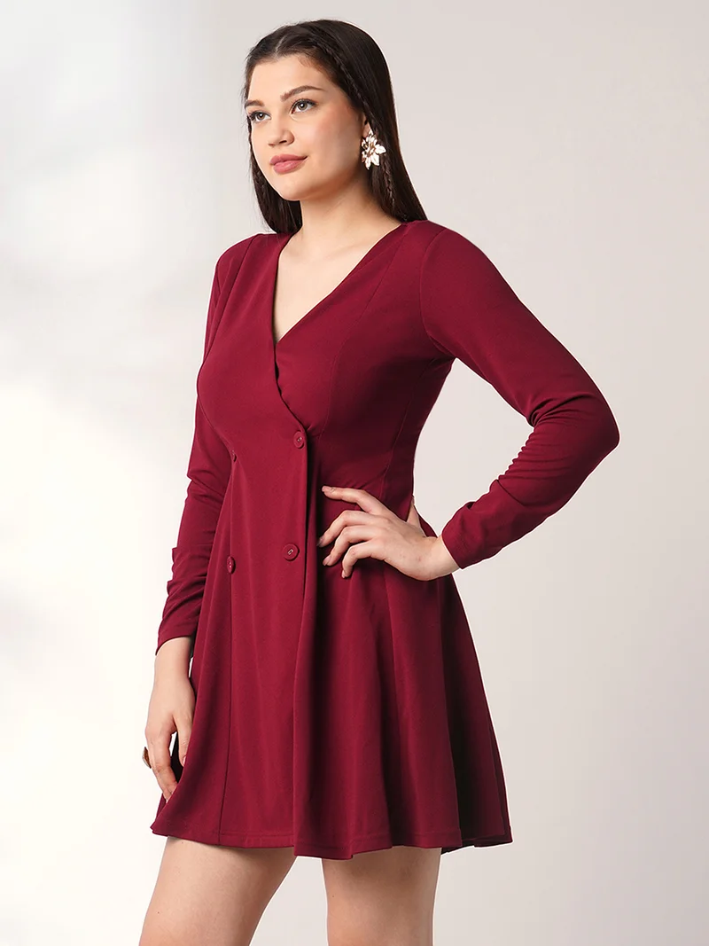 globus Globus Women Maroon Wrap Neck Long Sleeves Solid Button Detail Mini A-Line Workwear Dress